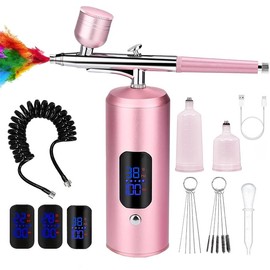 With compressor - Pink portable handheld gun, USB charging, adjustable 3 pressures, digital display, for precision painting, tattoo, manicure, makeup, etc., tattoo essentials | portable compressor | charging equipment, airbrush accessories - Color: black