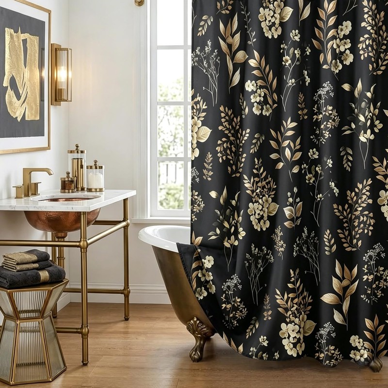 EGLGCC Vintage Floral Shower Curtain, Black Gold, 12 Hooks, 60"