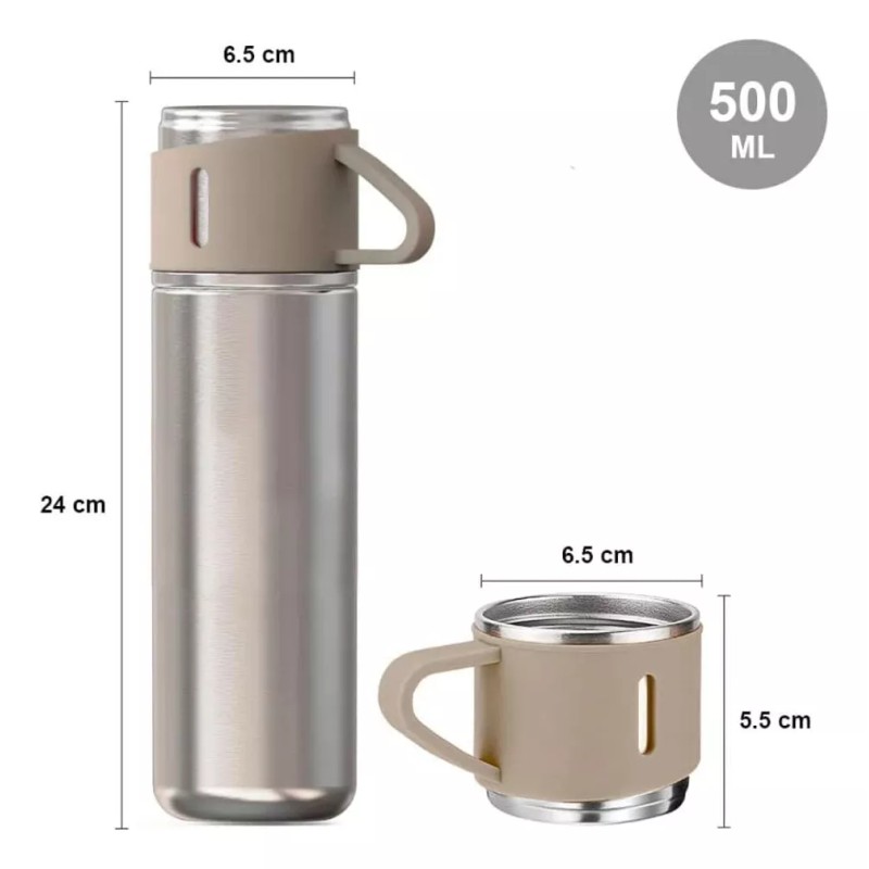 Vaccum Flask Termo 500ml, 3 Tazas, Acero Inoxidable 12 Hras