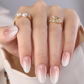 Almond Press On Nails Short - Soft Gel Ombre Fake Nails with Nail Glue, Reusable Glue On Nails in 12 Sizes - 24PCS Stick On Nails Kit, Vanilla Cream Almond