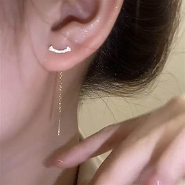 Inateannal CZ Threader Chain Earrings Long Threader Chain Drop Earrings Gold Rhinestone Stud Earrings Bar Threader Dangle Earrings Jewellery for Women and Girls, Zinc, No Gemstone