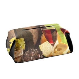 Red Wine Bottle Glasses Bread with Wodden Barrel Green Landscape Rectangle Tissue Box Cover, Leather Tissue Box Holder for Bathroom, Office, Night Stands and Vanity Tissues Box 9.4x5.1x3.6 in
