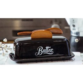 AISBUGUR Black Butter Dish with Lid and Knife Butter Tray Ceramic 7.9"L x 4.1"W x 2.2"H