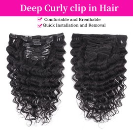 Fulang Hair Deep Curly Clip-In Real Hair Extensions, 60 cm, 8 Pieces, 120 g, Natural Black Hairpieces, Real Hair Extensions, Clip-In Hair Extensions for Women