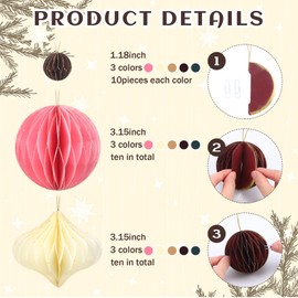 TecUnite 50 Pcs Honeycomb Paper Christmas Tree Ornaments Boho 3D Mini Glitter Edge Paper Honeycomb Hanging Ornament Neutral Vintage Xmas Tree Decoration Holiday Party New Year Decor(Boho)