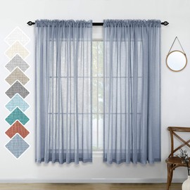 Dusty Blue Sheer Curtains 45 Inch Length for Kitchen Window Set of 2 Panels Rod Pocket Light Filtering Airy Faux Linen Drapes Textured Dusty Blue Curtains for Bedroom 52x45 Long Greyish Grayish Blue