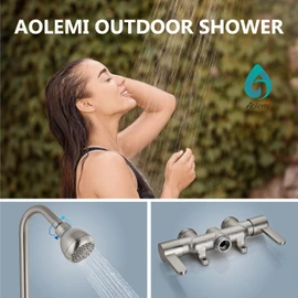 Aolemi Outdoor Shower Fixtures, 31" Exposed Shower System with Shower Head, 2-Handle Outdoor Shower Kit, 3 Inch Center Brass Mixing Valve, Brushed Nickel