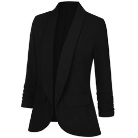 LADI TREND Women's Casual Business Blazers Open Front 3/4 Ruched Sleeve Shawl Lapel Office Blazer Jacket with Pockets *Black,Size L*