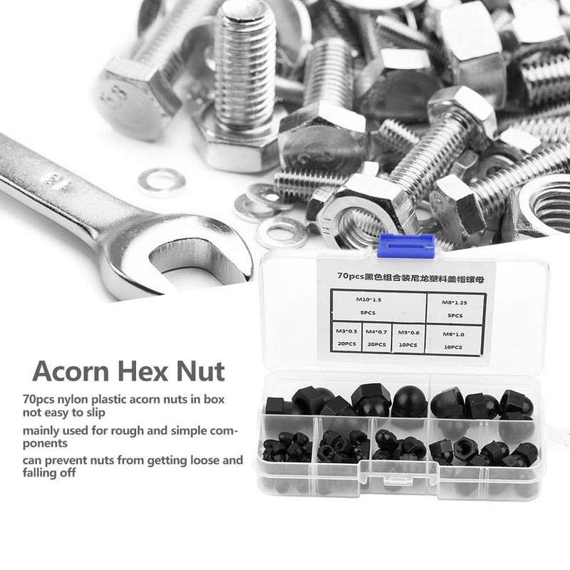 Acorn Nut, 70pcs M3/M4/M5/M6/M8/M10 Nylon Acorn Nut Kit Dome Head