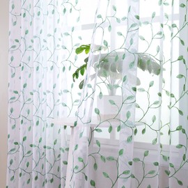 Tollpiz Leaves Short Sheer Curtains Green Leaf Embroidery Bedroom Curtain Rod Pocket Voile Faux Linen Embroidered Leaves Curtains for Living Room, 54 x 45 inches Long, Set of 2 Panels