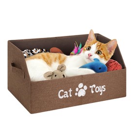 LOVSTORAGE 2X Thicker Large Cat Toy Bin Collapsible Cat Toy Box Sturdy Cat Toy Basket Kitten Toy Storage Bed for Organizing Cat Toys Treats Clothes and Accessories (Brown)