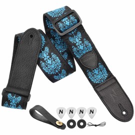 Nefelibata Guitar Strap,Double Full-Grain Leather Ends,Baroque Curly Grass Strap/FREE BONUS-4 Picks+Strap Locks+Strap Button,Gift For Bass,Electric&Acoustic Guitars(Blue Curly Grass)