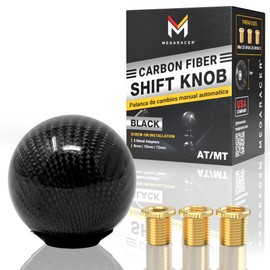 Premium Real Carbon Fiber Black Ball Shift Knob - 3 Metal Adapters, Fits 4 5 6 Speed Manual & Buttonless Automatic Tranmission, Car Gear Stick Shifter Knobs (M8, M10, Built-In M12x1.25) Cool JDM Style