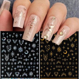 7 Sheets Metallic Moon Star Nail Art Stickers Sun Moon Nail Decals 3D Self-Adhesive Nail Art Supplies Rose Gold Sliver Starlight Nail Art Design French Manicure Sticker for Women DIY Nail Decorations