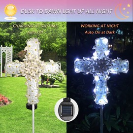 COOZZYHOUR 38Inch Solar Cross Garden Lights Outdoor Decorative - Solar Metal&Glass Cross White Hydrangea Flower Stake Lights- Waterproof 20 Warm White LED for Remembrance Gifts & Sympathy Gifts.
