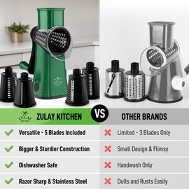 Zulay Kitchen Rotary Cheese Grater 5 Blade Cheese Shredder - Manual Hand Crank Cheese Grater With Reinforced Suction & 5 Interchangeable Drums - Easy to Use, Vegetable Chopper Round Mandoline Slicer