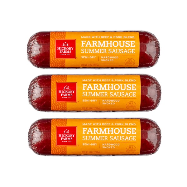 Hickory Farms Farmhouse Summer Sausage 3-Pack, 10 ounces each | Great for Snacking, Entertaining, Charcuterie, Ready to Eat, High Protein, Low Carb, Keto, Gluten Free, Premium Beef and Pork