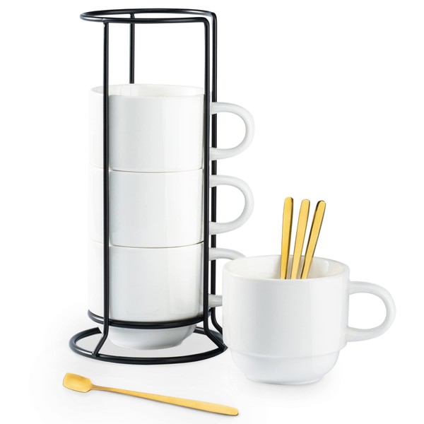 YHOSSEUN Porcelain Coffee Mug Set With Metal Stand, Ceramic Cups with Espresso Spoons, 11 Ounce Mug Set Perfect For Americano, Chocolate Drinks, Milk, Tea, Set of 4, White