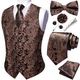Barry.Wang Men's Brown Waistcoat Paisley Formal Suit Vests Tie Bowtie Set Jacquard Clip Hanky Cufflinks Lapel Pin Wedding 8PCS