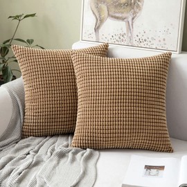 MIULEE Set of 2 Decorative Corduroy Cushion Covers 16x16 Inches, 40cm x 40cm Striped Solid Square Throw Pillow Cases for Sofa Couch Home Bedroom Brown