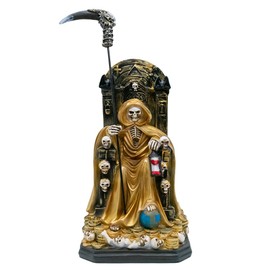 VILLAGE GIFT IMPORTERS 8" Santa Muerte on a Throne Statue | Our Lady of a Holy Death | Skeleton Statue Robed in Black or Gold with Coins at Her Feet (Gold-Tone)