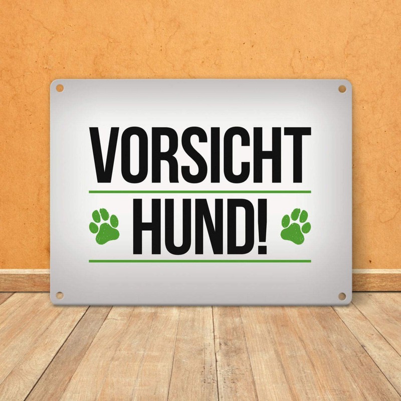 Caution Dog Metal Sign with Paw Print in Green