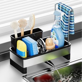 RUIDELY Sponge Holder for Kitchen Sink, Sink Caddy with High Brush Holder Rustproof and Non-slip, Soap Dispenser Kitchen Organizers and Storage Essentials with One Sponge Cloth