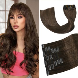 Aison Medium Brown Hair Extensions Real Human Hair Clip in Hair Extensions 120g 7pcs 14inch,Soft & Natural Straight Double Weft Remy Hair for Women #4 Chocolate Brown