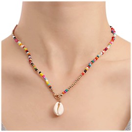 Iaceble Boho Layered seed Bead Necklace Rainbow Beaded Choker Necklace Beach Shell Pendant Necklace sea shell necklace colorful rice bead necklace Jewelry for Women and