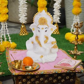 Zap Impex Ganesh Statue for Home, Office and Mandir - White and Gold Ganesh Statue of Hindu God Ganpati for Pooja and Decoration