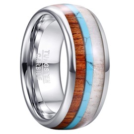 GALANI Silver Rings for Women Men 8mm Tungsten Rings with Koa Wood and Turquoise Inlay Engagement Rings Size S