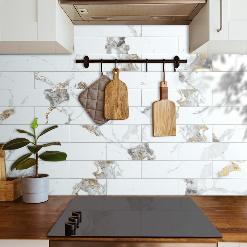 AULIGET 40-Piece Polished White Marble with Gold Peel and Stick