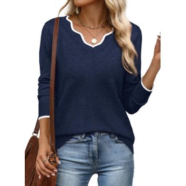 V Neck Sweaters for Women Pullover Cozy Lightweight Sweaters for Women Trendy Fall Knit Sweater Top Navy Blue L