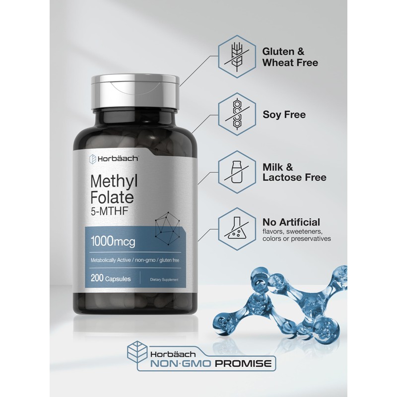 Horbäach Methyl Folate Supplement | 1000 mcg | 200 Capsules