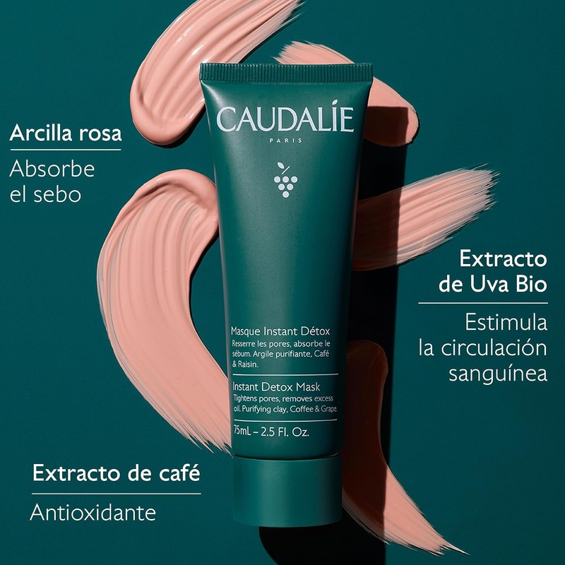 CAUDALIE Instant Detox Mascarilla de Arcilla Rosa, Limpia Poros -