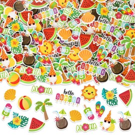 JarThenaAMCS 300Pcs Summer Foam Stickers Hello Summer Gnome Tropical Beach Watermelon Hawaii Decals Mixed Bulk Cartoon Self-Adhesive Decorative for DIY Art Craft Scrapbook Journal Party Supplies
