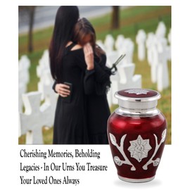 Sunflower Keepsake Urn for Ashes – Mini Metal Cremation Urn for Human or Pet Ashes – Hand-Engraved Flower Design – A Heartfelt Tribute Sharing Memorial Urn with Velvet Bag & Funnel (Crimson Pearl)