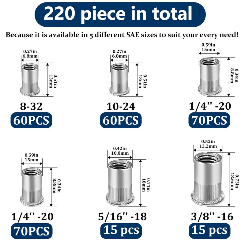 Vifmy SAE Rivet Nut Assortment Kit(220 Pcs),#8-32#10-24 1/4"-20 5/16"-18 3/8"-16