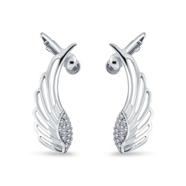 Trendy Spiritual Guardian Angel Wing Feather Cartilage Right Ear Cuff Wrap CZ Climber Helix Earring Silver Plated Stabilizing Adjustable Screw Back Clip