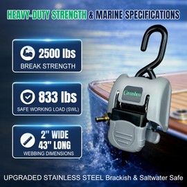 Stainless Steel Retractable Boat Transom Tie Down Straps - 2 Pack, 2" x 43" Heavy Duty Trailer Ratchet Straps (2500 lbs Break Strength), Corrosion Resistant for Saltwater,Marine Use