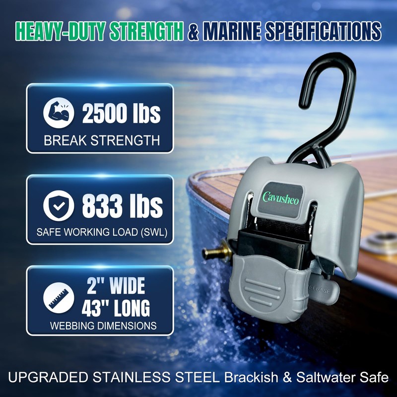Stainless Steel Retractable Boat Transom Tie Down Straps - 2