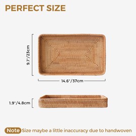 KALEKAIL Rattan Serving Tray, Woven Wicker Rectangle Tray Shallow Basket for Organizing, Rattan Baskets for Coffee Table, Kitchen Counter, Bathroom, Organizing and Storage (14.6 x 9.1 inch)