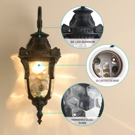LONEDRUID Outdoor Wall Light Fixtures Black 16.93”H Exterior Wall Lantern Waterproof Sconce Porch Lights Wall Mount with Hammered Glass Shade for House