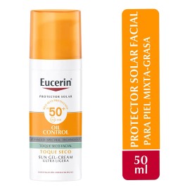 Eucerin Protector solar facial Oil Control efecto mate toque seco 50ml, matificante control brillo 12h con antioxidantes.