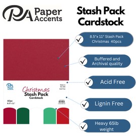 PA Paper Accents Stash Pack Cardstock Pack 8.5" x 11" Christmas, Colored cardstock Paper for Card Making, Scrapbooking, Printing, Quilling and Crafts, 65lb., 40 Pieces
