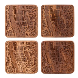 Manhattan, NY Map Coaster by O3 Design Studio, Set Of 4, Sapele Wooden Coaster With City Map, Handmade
