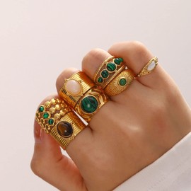 Dikixe Luxury Yellow Gold Plated Stainless Steel Inlaid Green Malachite Rings for Women, Open Design Stackable Statement Rings