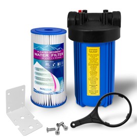 Whole House Water Filtration System,10 x 4.5" Housing, 1"Inlet/Outlet Brass Ports, Pressure Relief Button, 5 Mic Pleated Washable & Reusable Sediment Cartridge, Meets NSF Standards & Regulations (10")