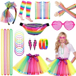 Aonuily Women's 80s Costume: 26 Piece Accessory Set with Tutu Skirt, Leg Warmers, Earrings, Bracelets & More for 80s Party, Retro Theme Party, Dress-Up Party & More