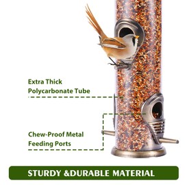 MIXXIDEA Metal Tube Bird Feeders for Outdoor Hanging Aluminium 6 Ports Wild Bird Seed Feeder with a Steel Hanger Excellent for Attracting Birds to Your Lawn, Garden, or Balcony – Bronze